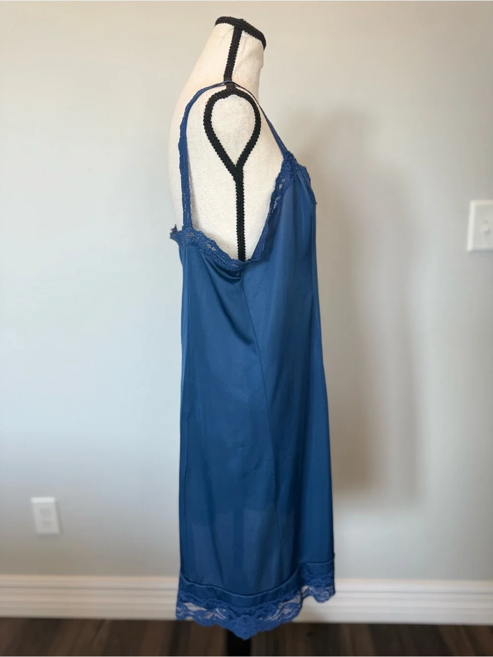 Vintage Sheer Elegance Blue Lace Trim Full Slip Nightgown USA Made Lingerie